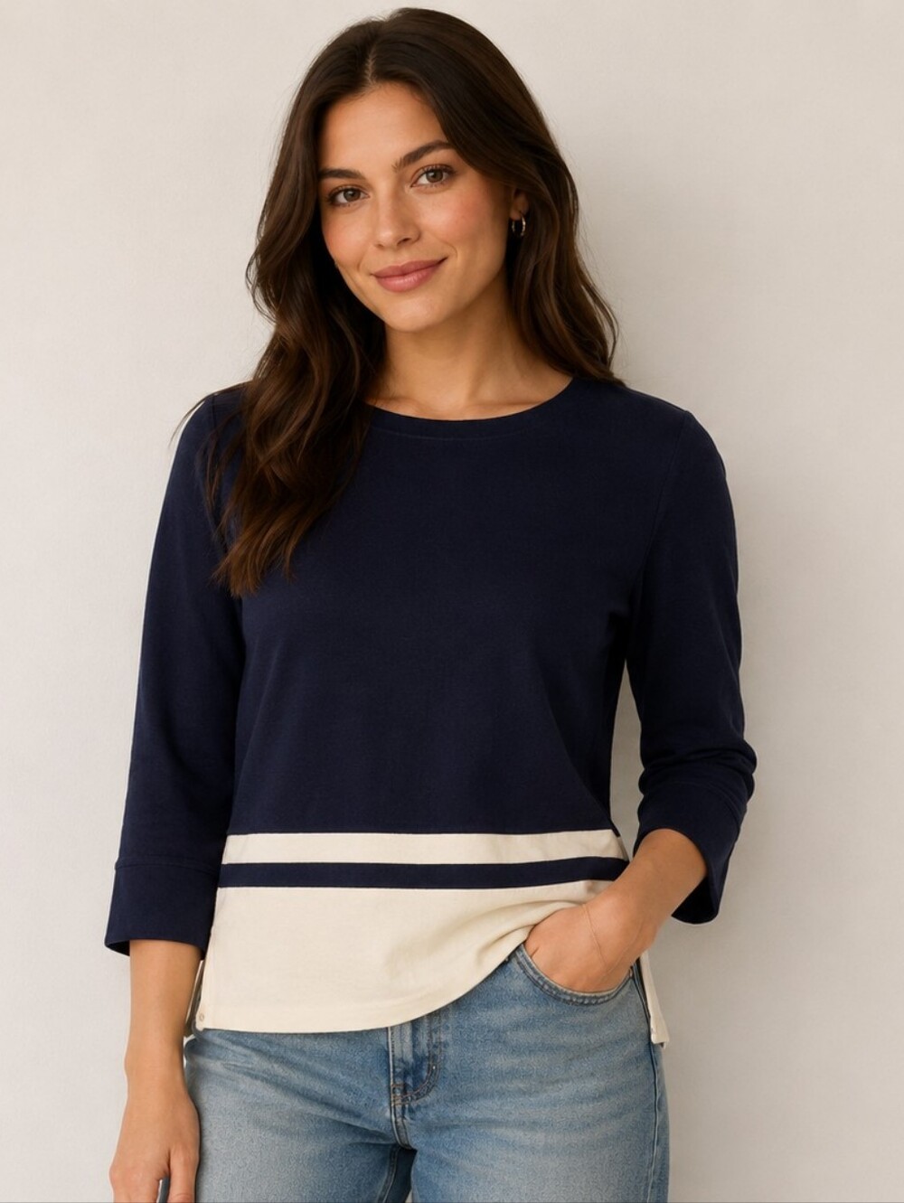 Brax Feel Good Supersoft Navy Cream Striped Hem Long Sleeve Top 38 Med/8 $150